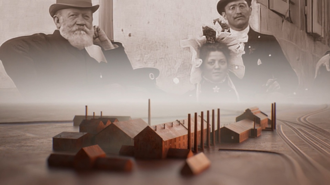 Ein Screenshot aus dem Film BEWEGUNG MACHT GESCHICHTE. Zu sehen ist die Völklinger Hütte zu Zeiten des Gründers Julius Buch