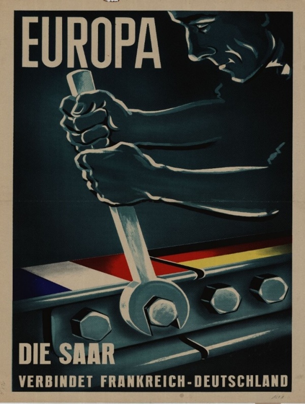 An advertising poster for: The Saar connects France and Germany.
